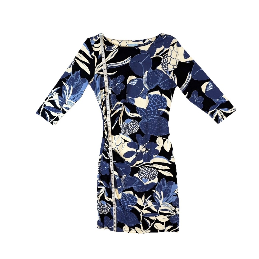 J McLaughlin Size S Blue Floral Catalina Cloth Ruched Sheath Dress 3/4 Sleeve - Picture 5 of 15